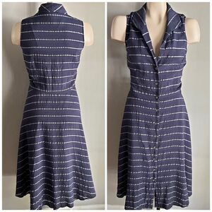 Navy Stripe Shirt Dress Sleeveless Button Front A-Line Work Dress 12